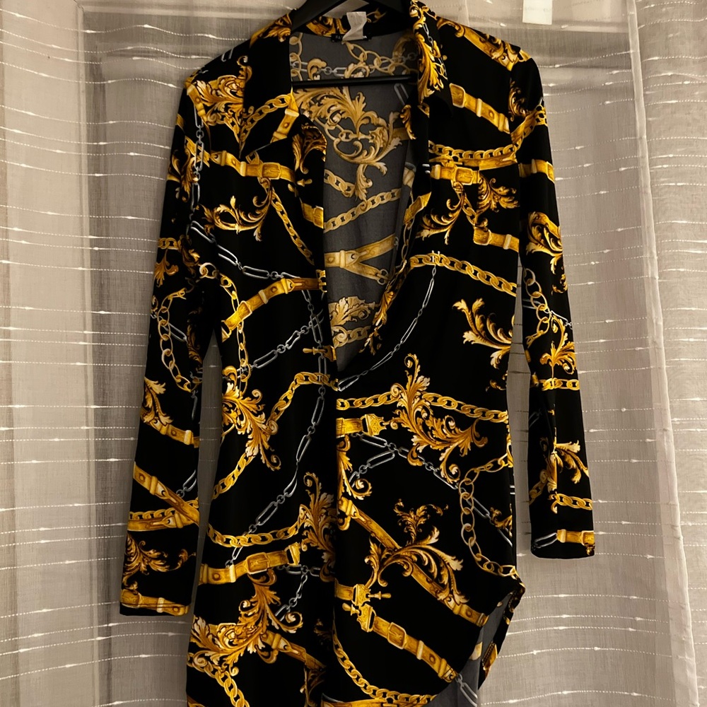Fashion Nova Black and Gold Asymmetrical Dress